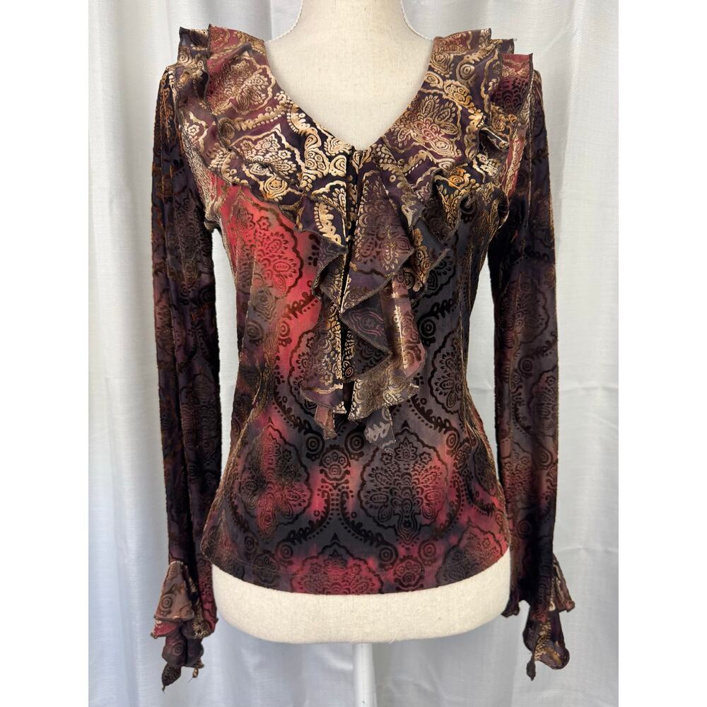 Whimsigoth Burnout Velvet Ruffle Top Bell Sleeve Fairy Grunge‎ M